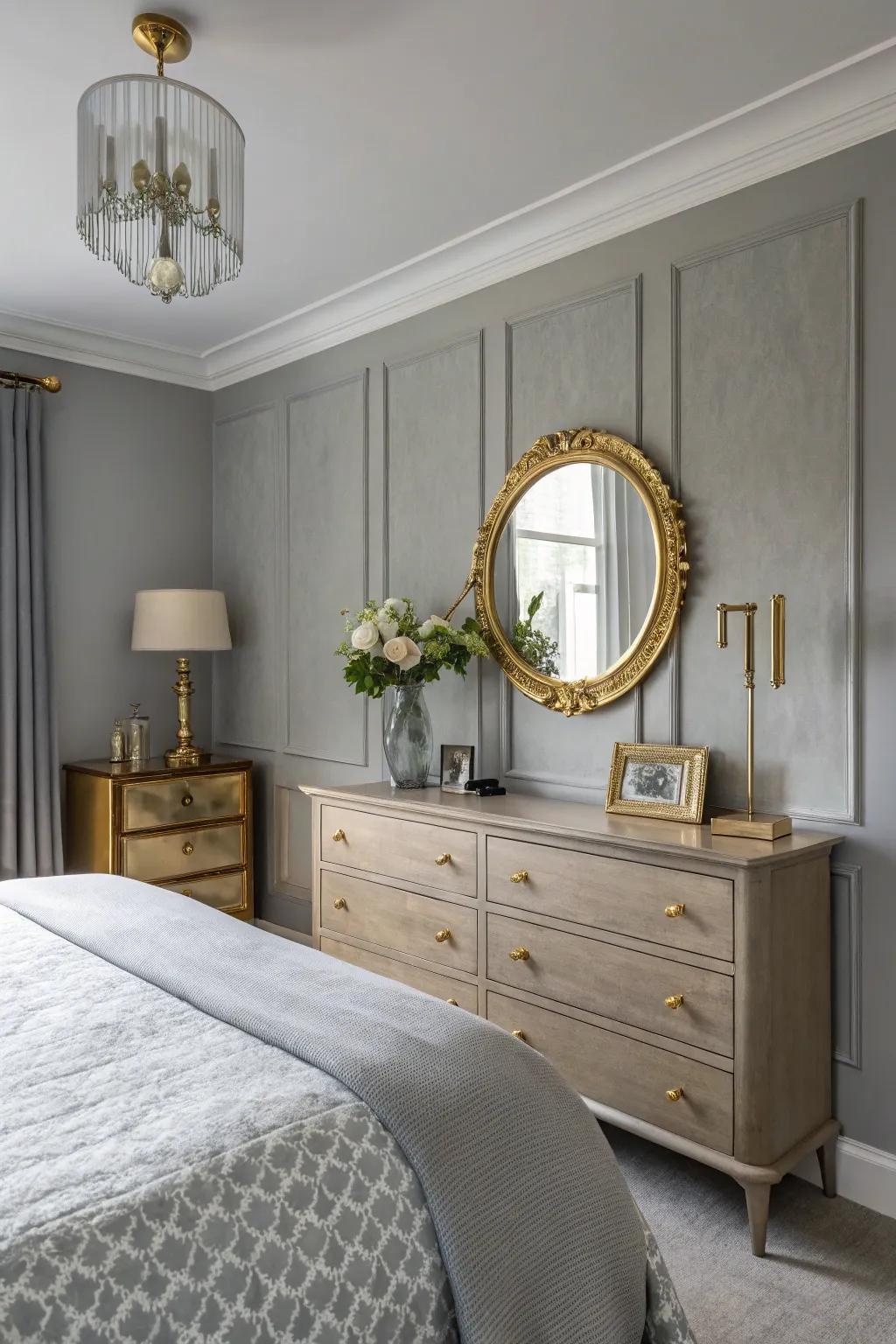 Metallic accents provide a touch of sophistication to a tranquil mist bedroom.