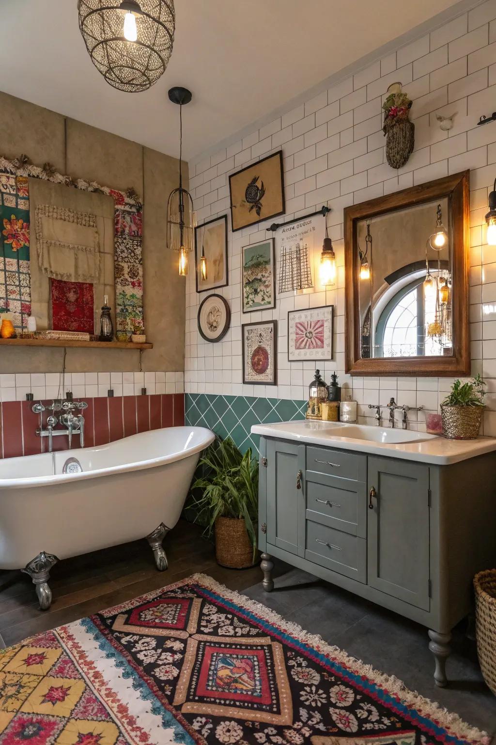 A varied assortment of aesthetics introduces a vibrant mosaic of history to your lavatory.
