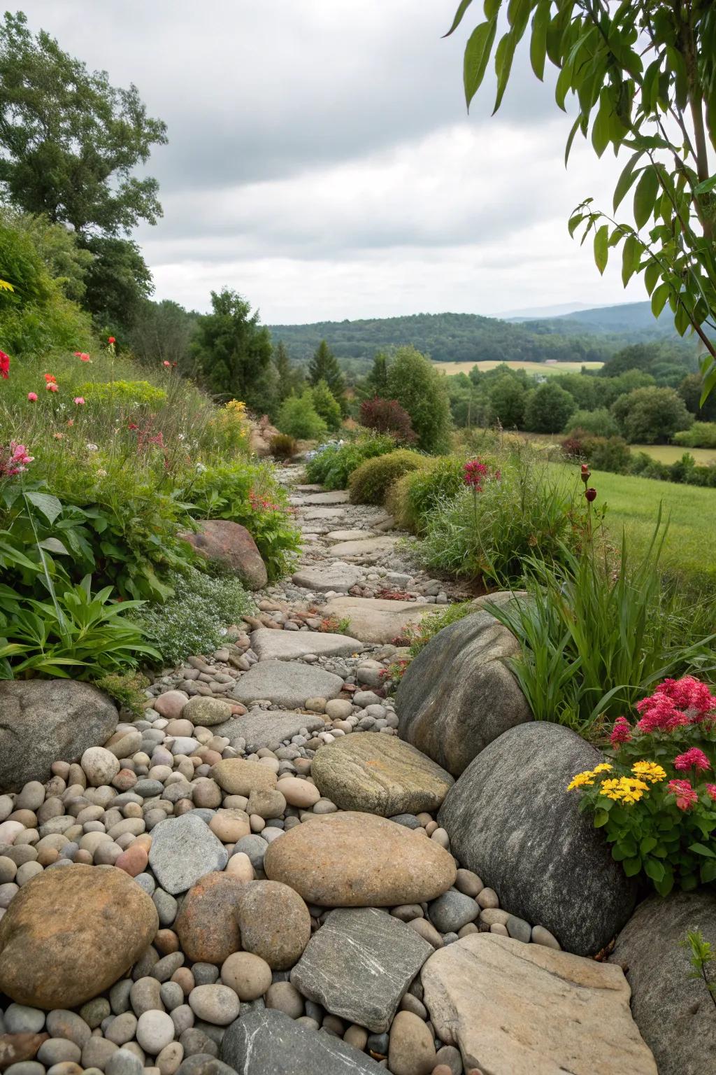 Varied stone finishes cultivate a dynamic landscape.