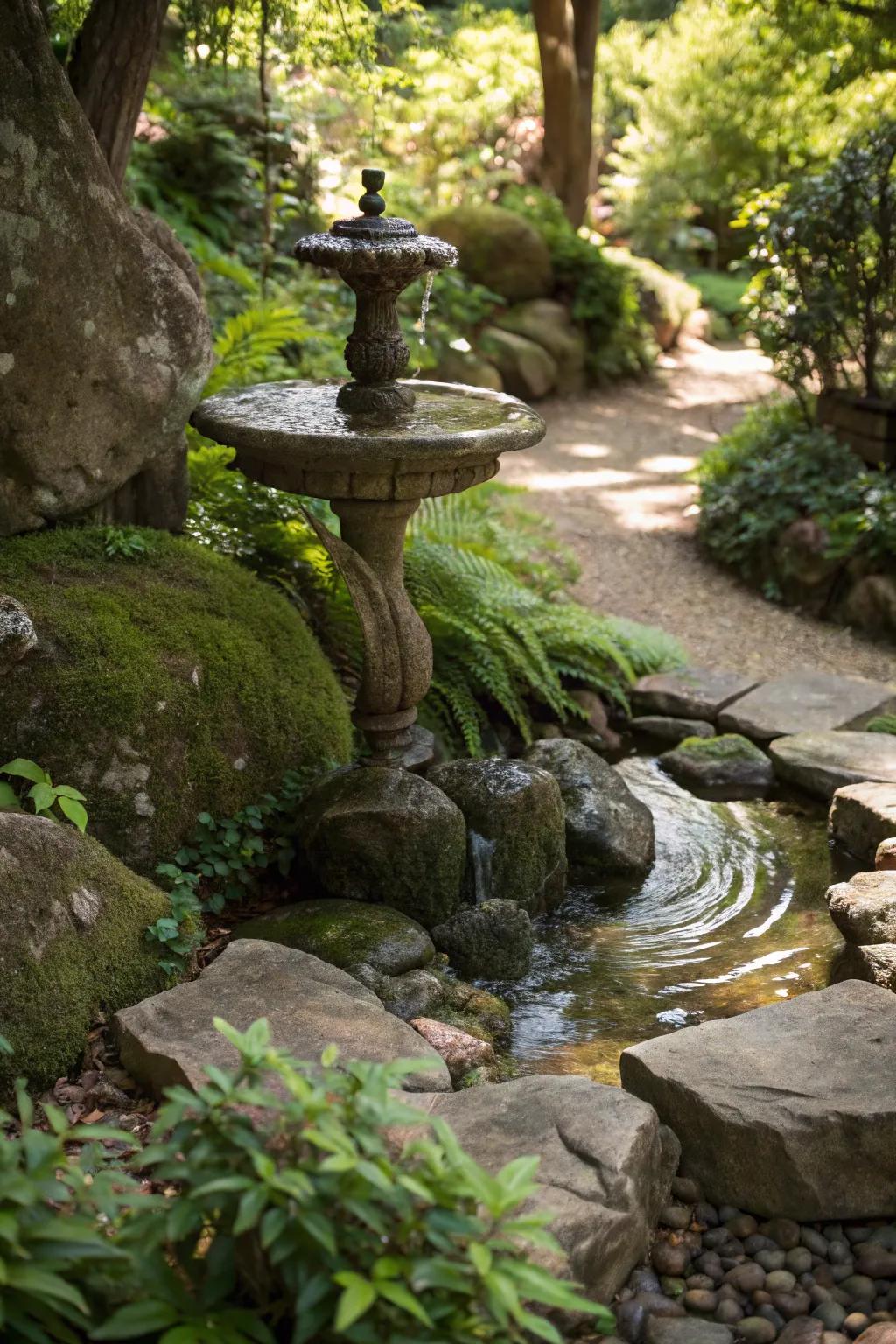 A water feature with rocks creates a tranquil garden atmosphere.