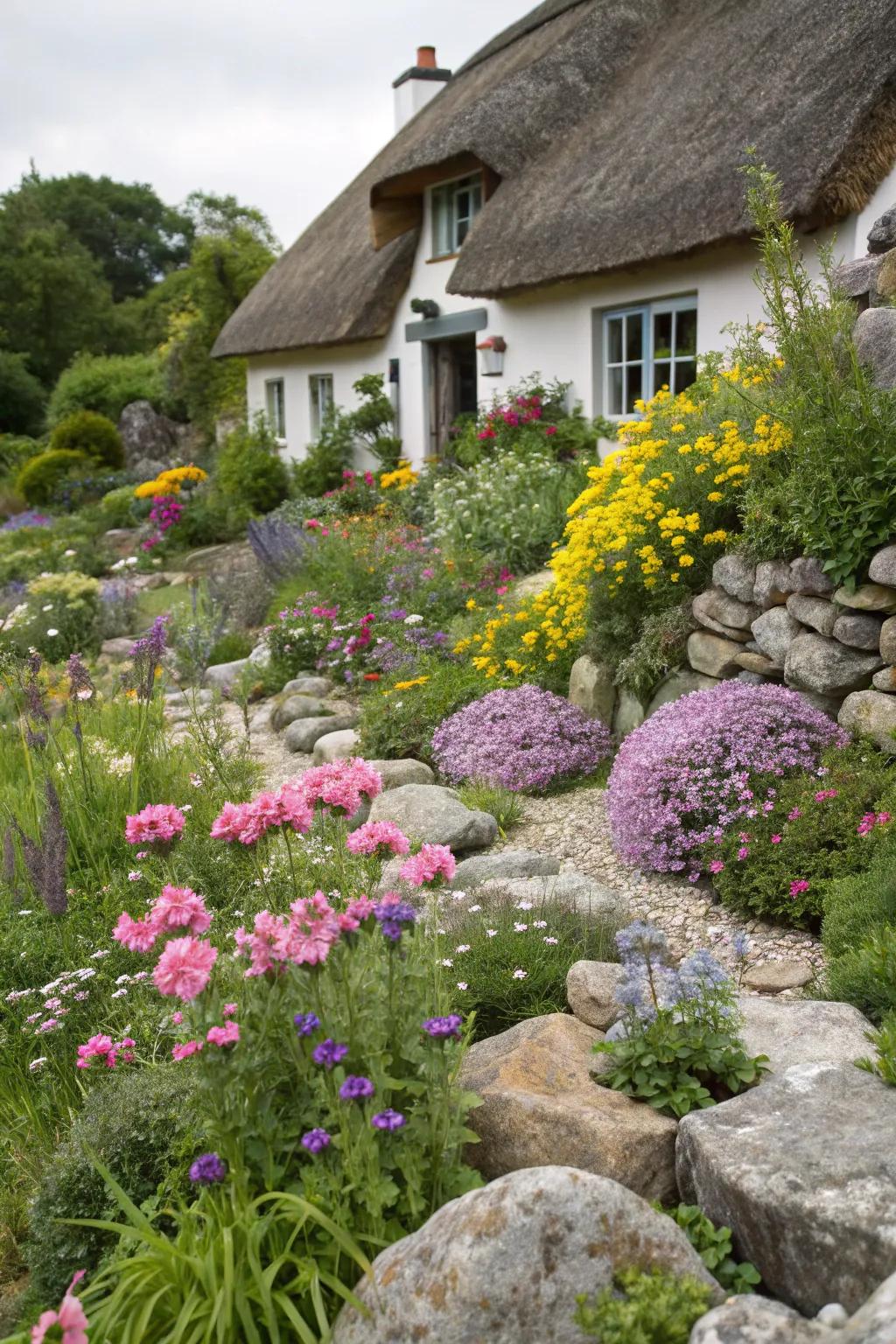 A blend of stones and flora fashions a picturesque cottage garden.