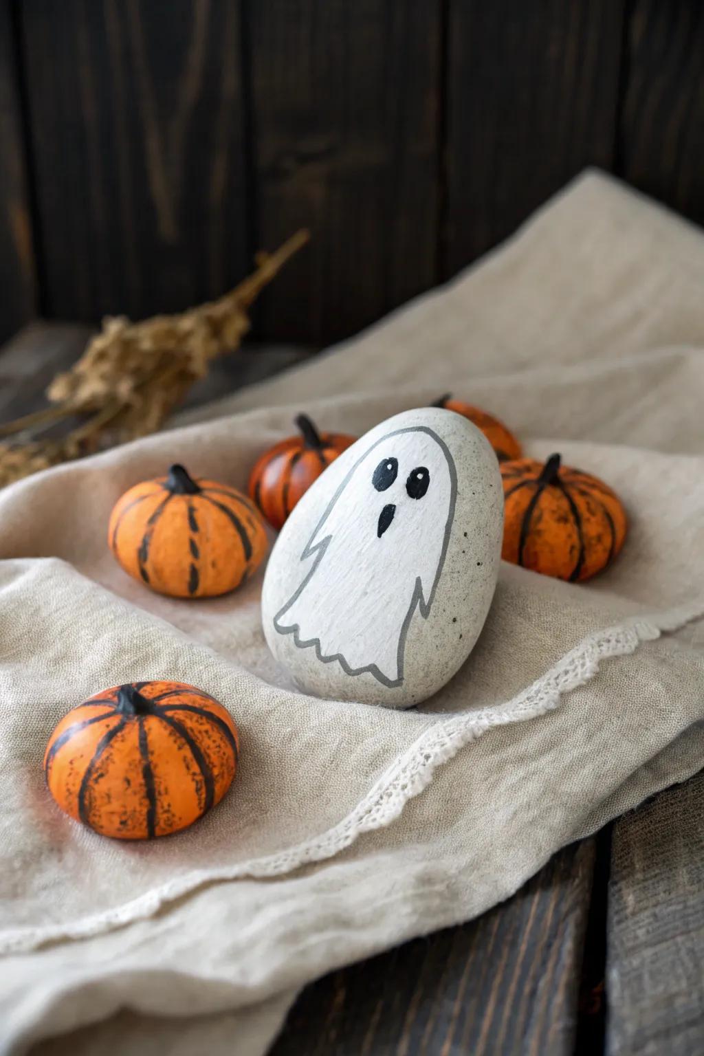Enhance your Halloween decorations with simple stone art that embodies the eerie essence in a minimalistic, organic way.