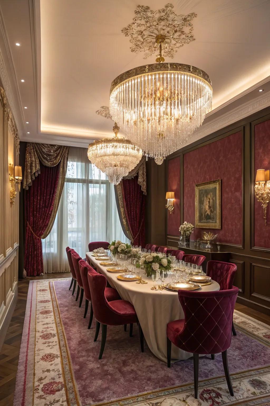 A luxurious dining room featuring rich jewel tones and elegant decor.