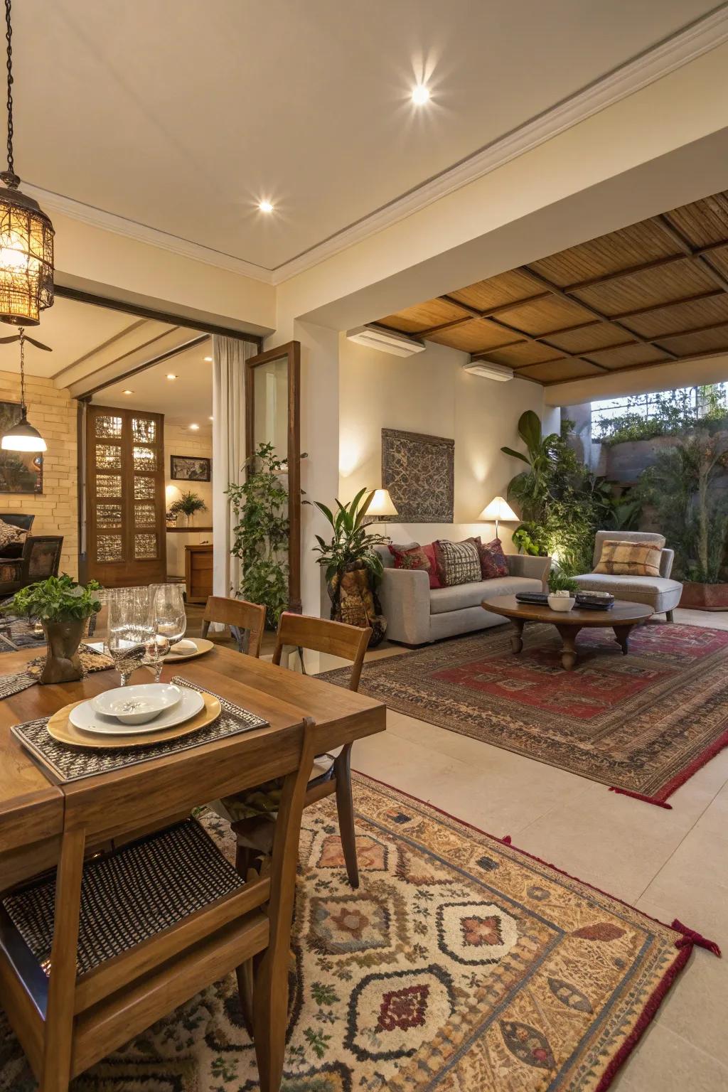 Floor coverings utilized to gracefully define zones in an open-concept room.