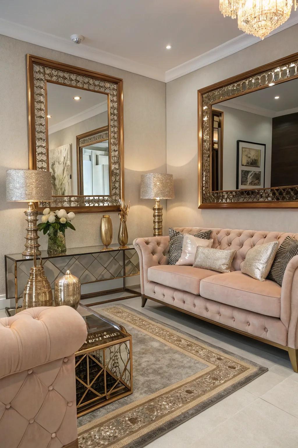 Mirrored elements with rose gold borders enhance the room's charm.