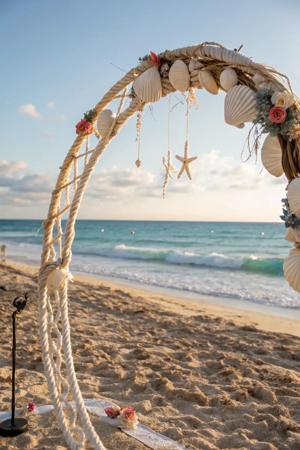 A seaside gateway adorned with seashells, ideal for oceanfront ceremonies.