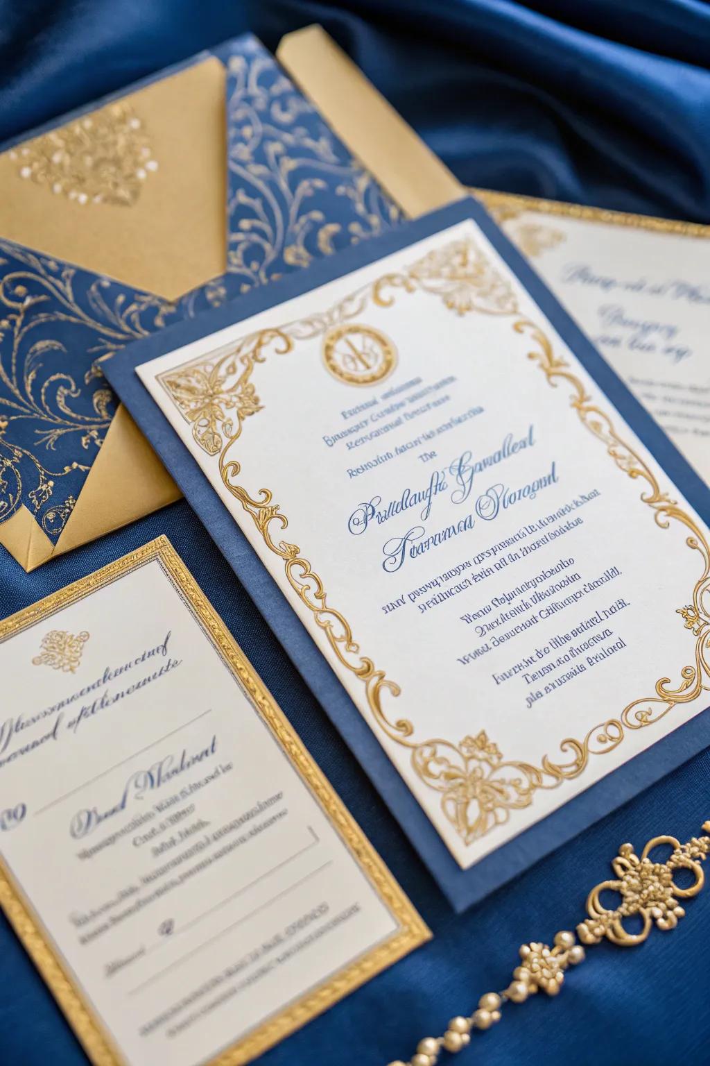Elegant wedding notices with sapphire splendor accents.
