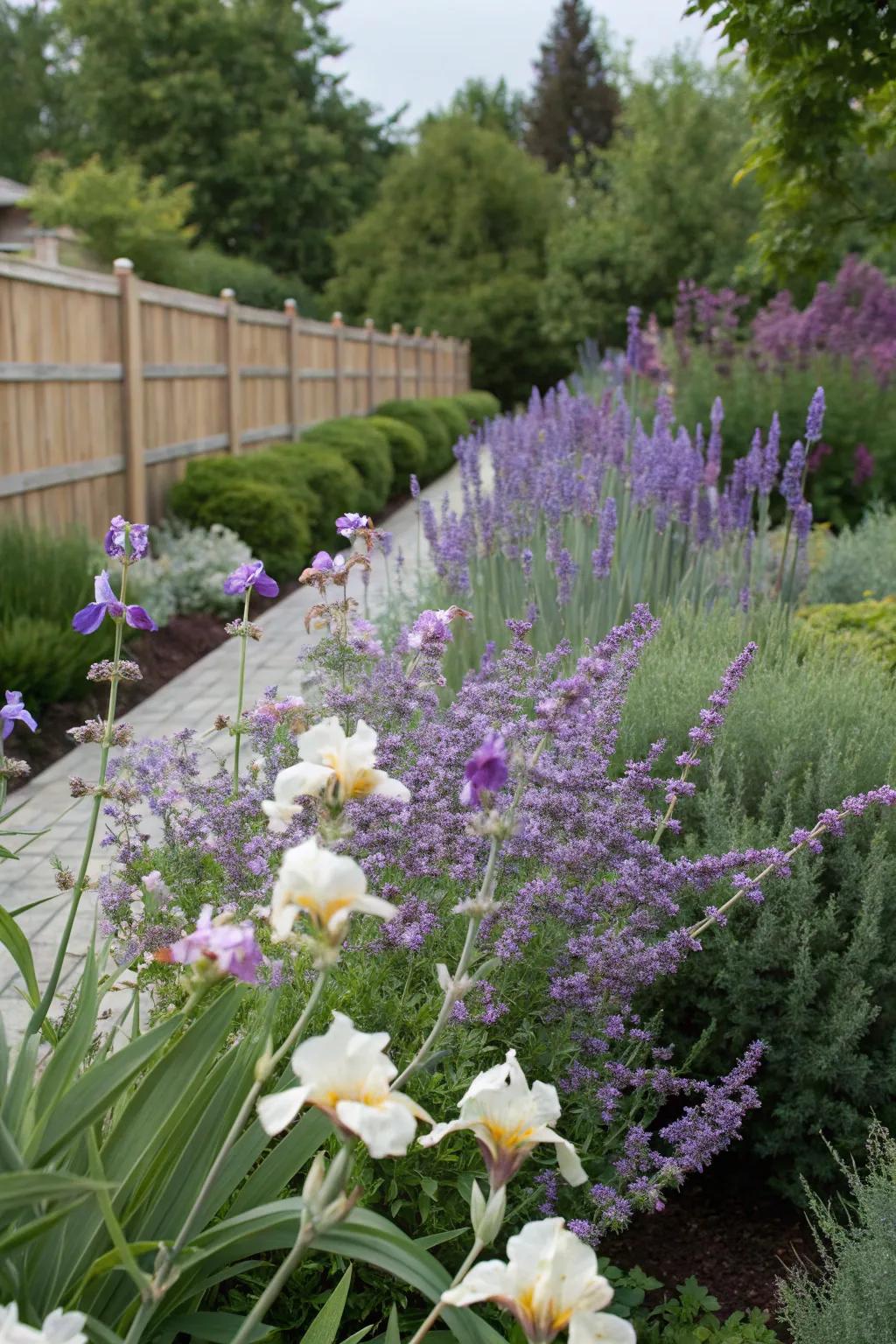 A garden with continuous color from elegant iris and 'Silver Whisper'.
