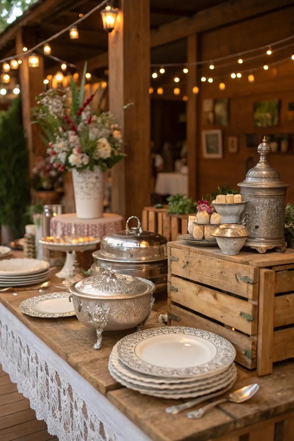 The country sideboard is given a distinctive appeal by vintage tableware.