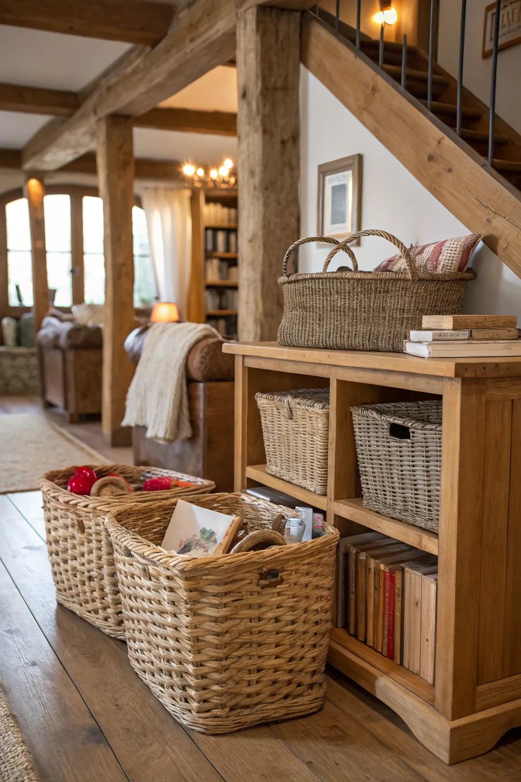 A living space featuring woven crates for practical decor.