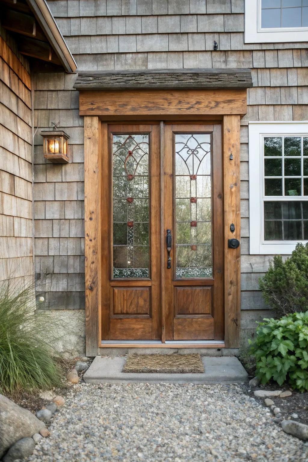 Paneled glass decorations infuse sophistication and permit illumination to enhance rustic portals.