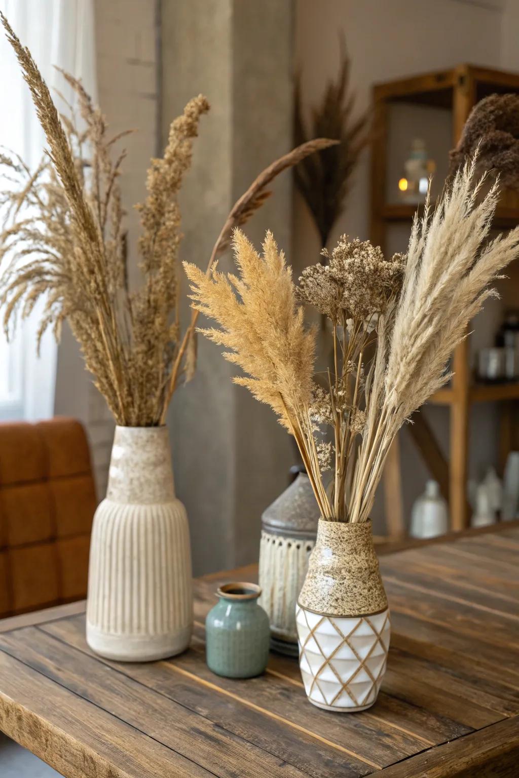 Dried grasses add natural elegance.