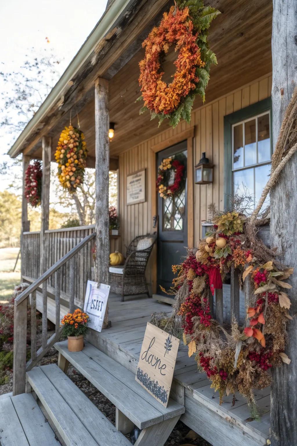Door decorations and decorative signs personalize a rustic porch.