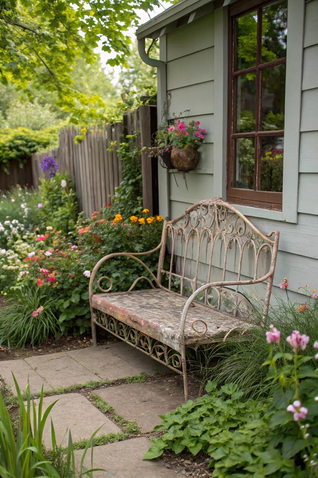 A unique garden seat created from a reimagined metal bed frame.