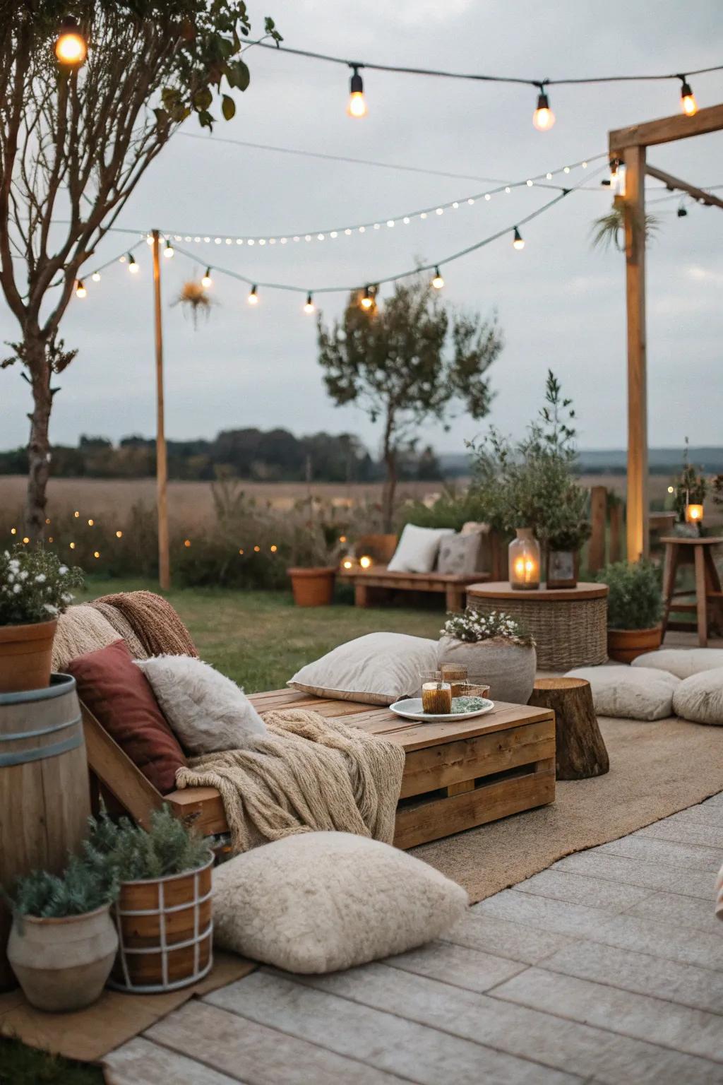 An inviting countryside seating zone nestled in the garden.