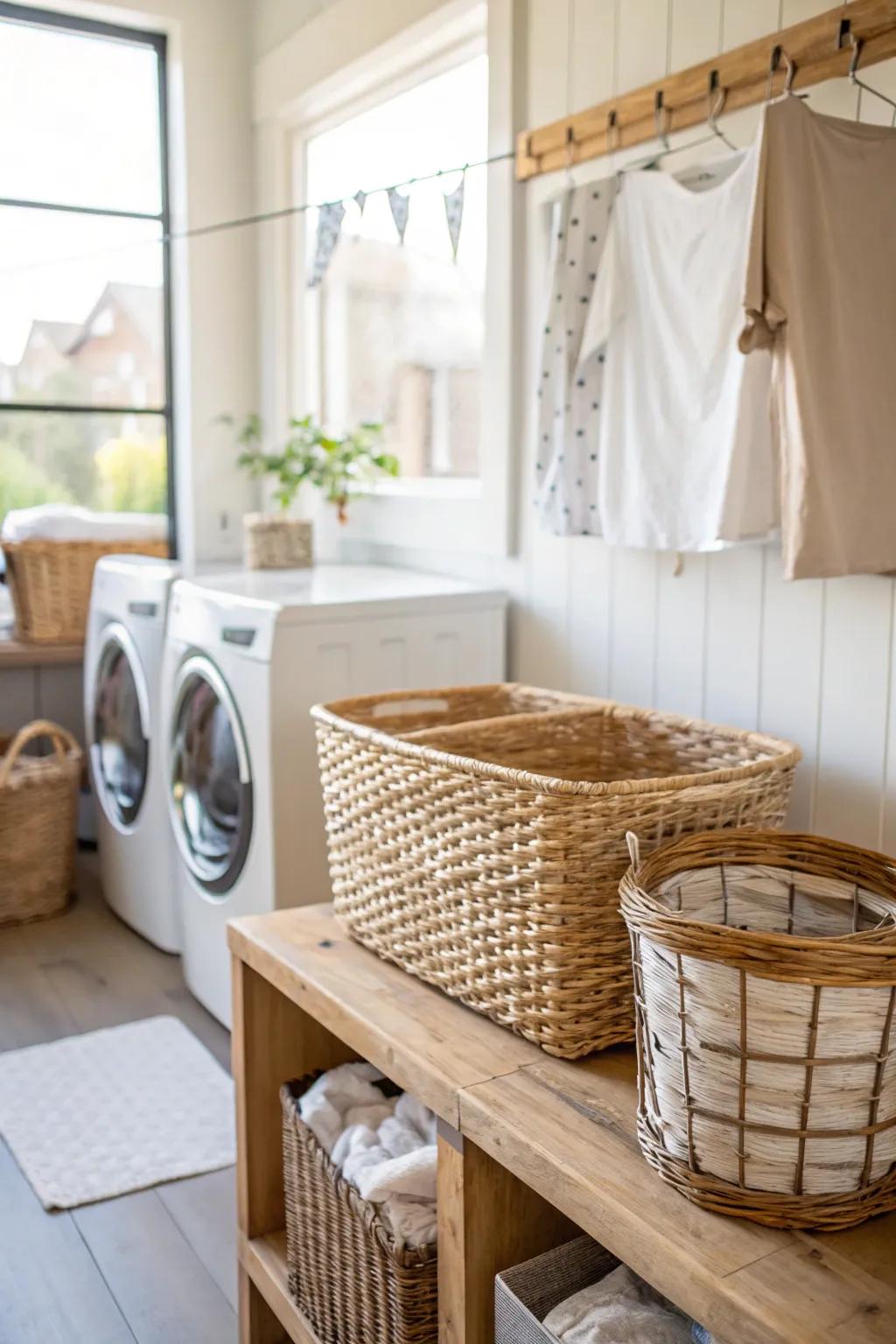 Interwoven containers offer useful storage adding countryside charm.