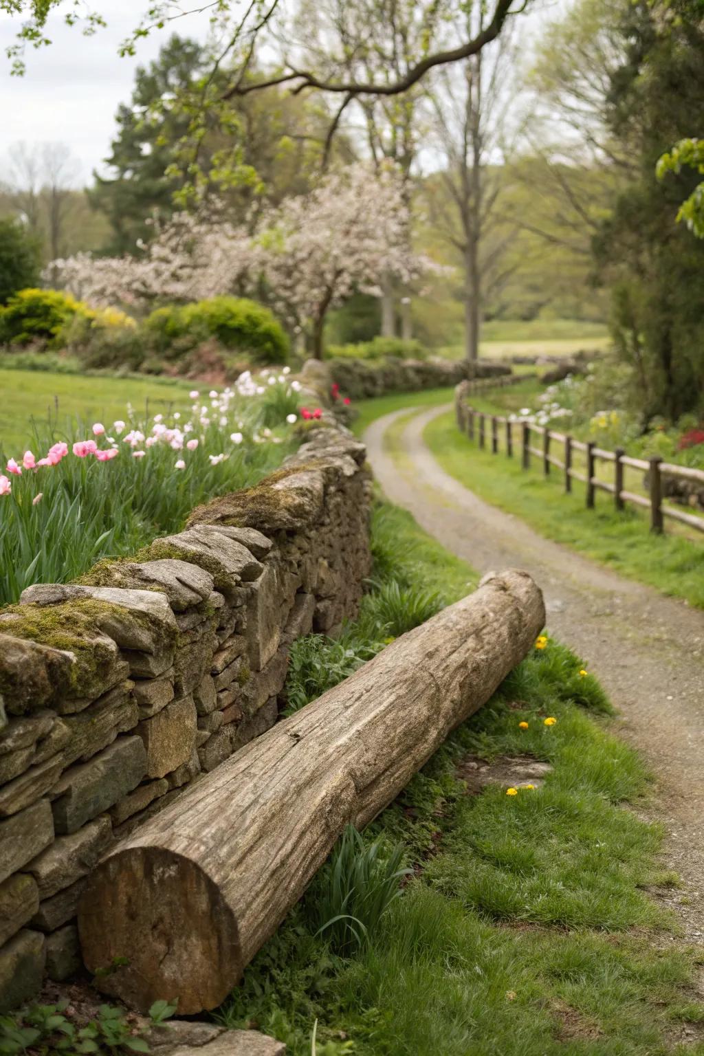 Logs and stones come together to form a rustic, yet elegant fence in a country garden.
