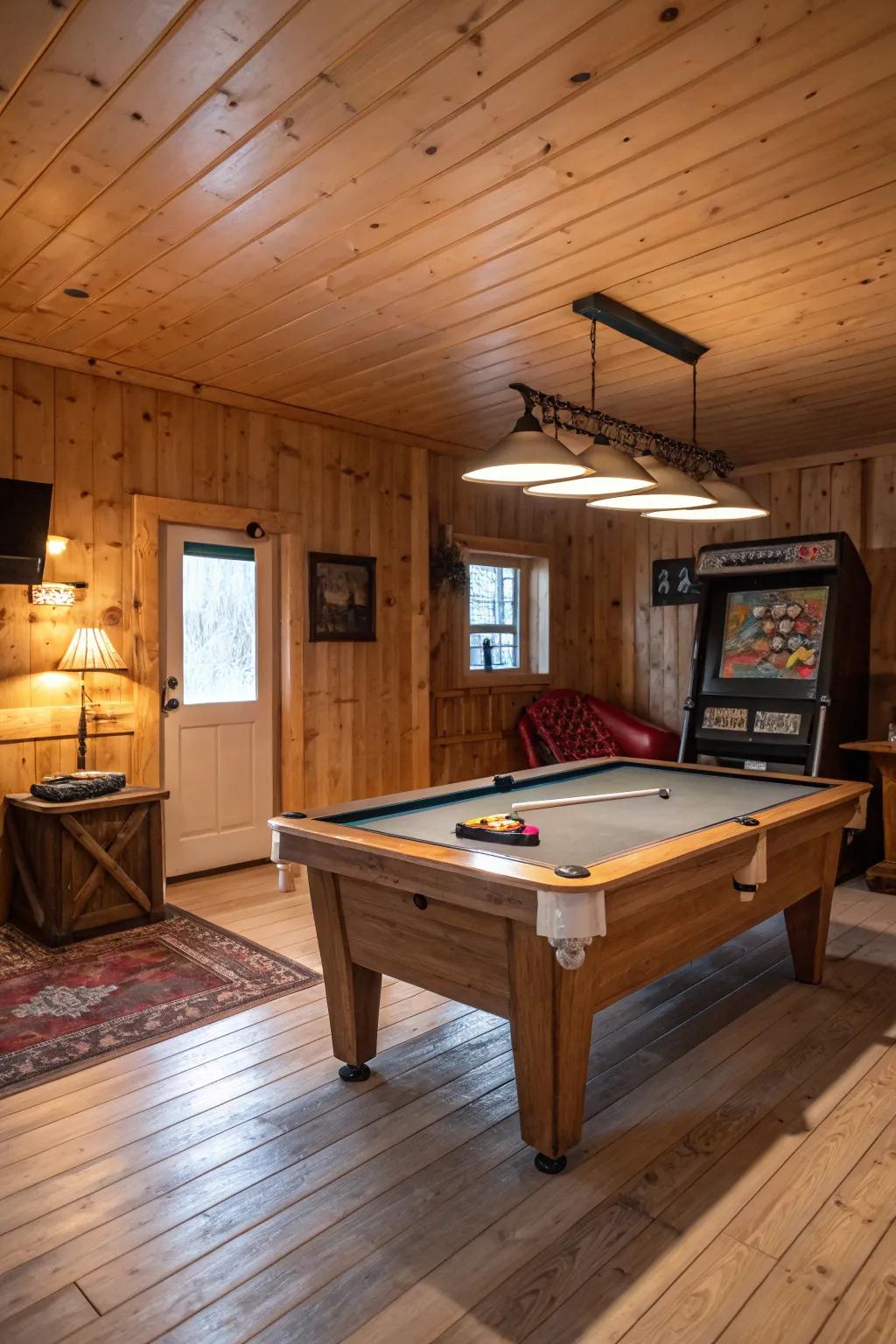 A man cave amusement zone with a billiards table at its core.