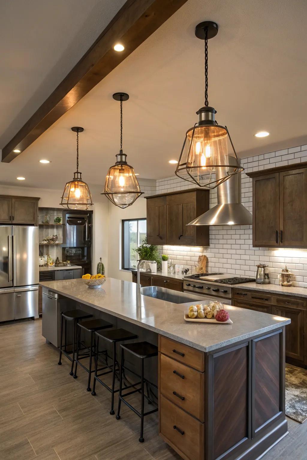 Factory-inspired lighting adds a modern touch to this country kitchen.