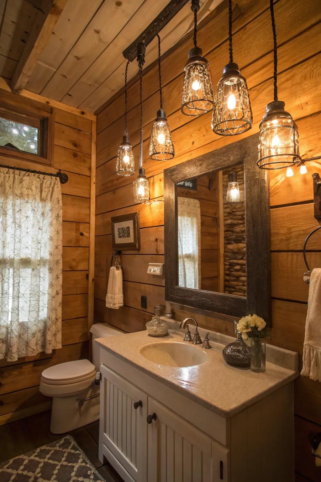 Preserving jar illumination provides a cozy, vintage atmosphere.