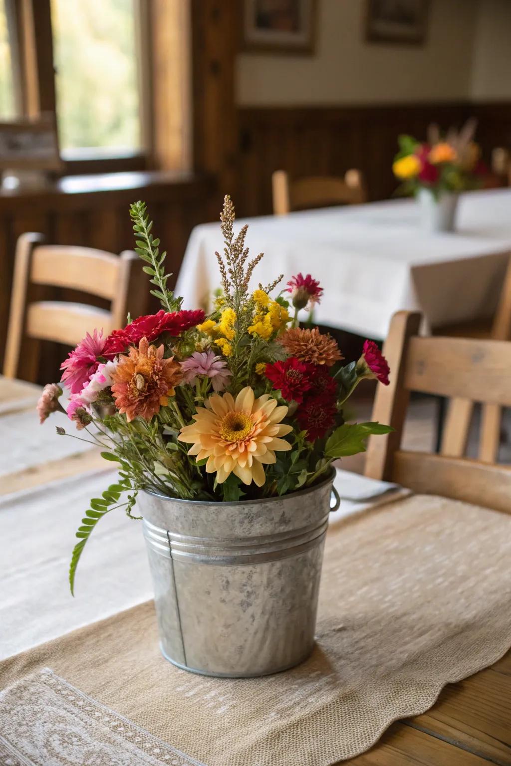 Metallic containers add a countryside touch to any table setting.