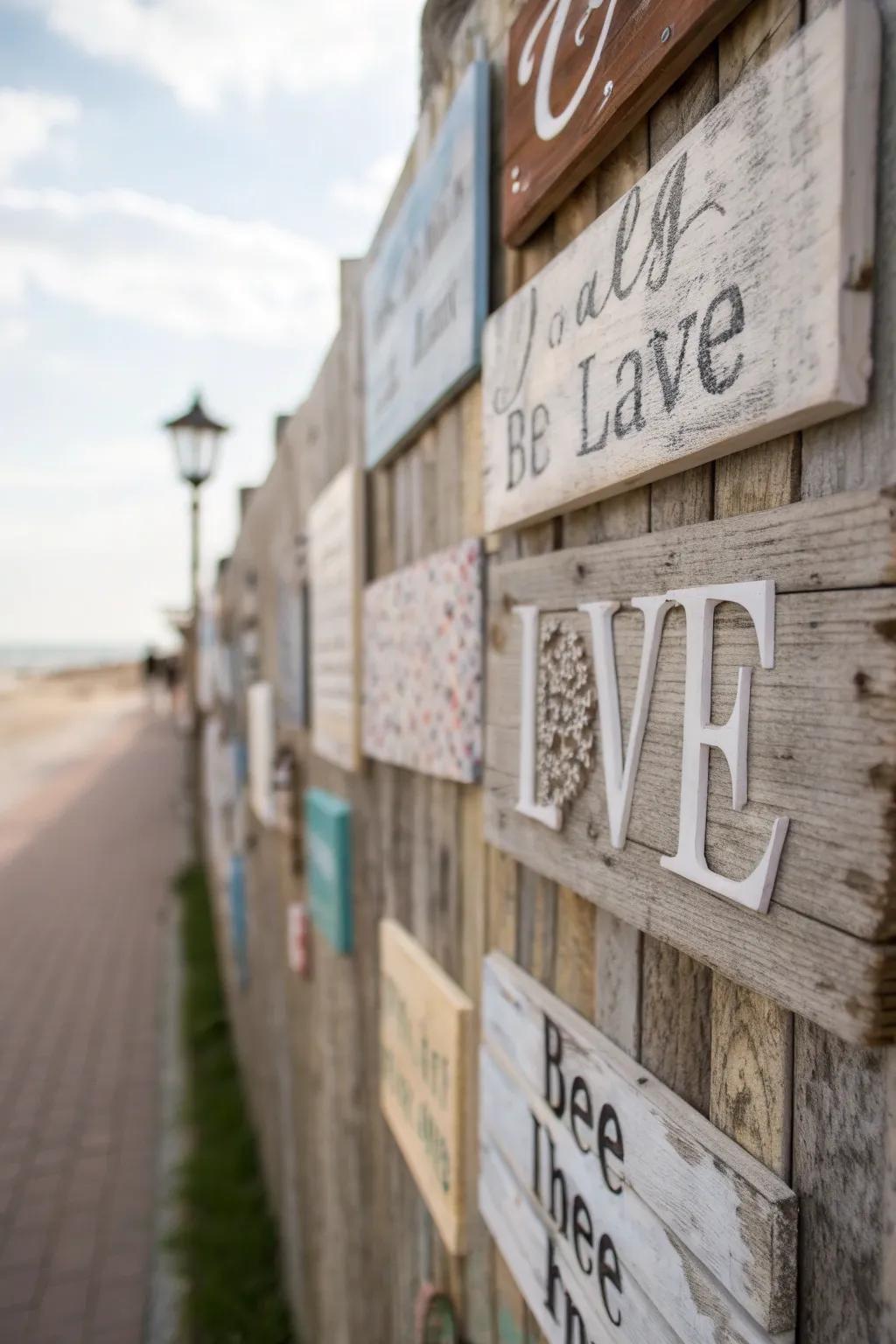 Weathered timber boards featuring quotes enrich countryside decor with a personal imprint.