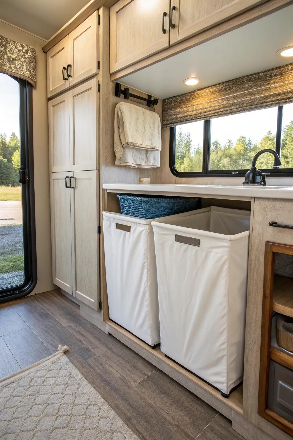 A custom cupboard perfectly crafted for a linen receptacle in an RV.