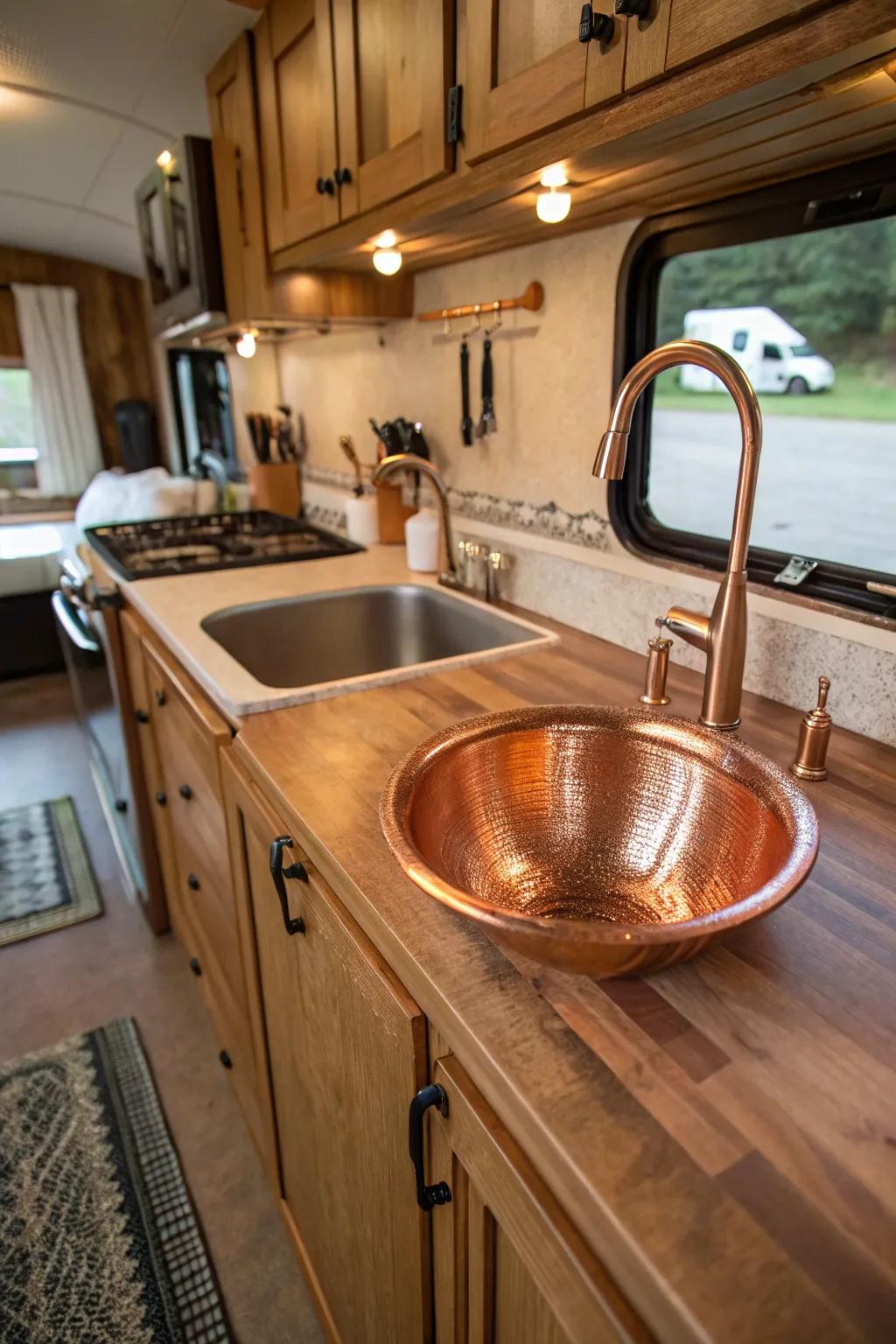 A bronze basin adding natural appeal to an RV cooking area.