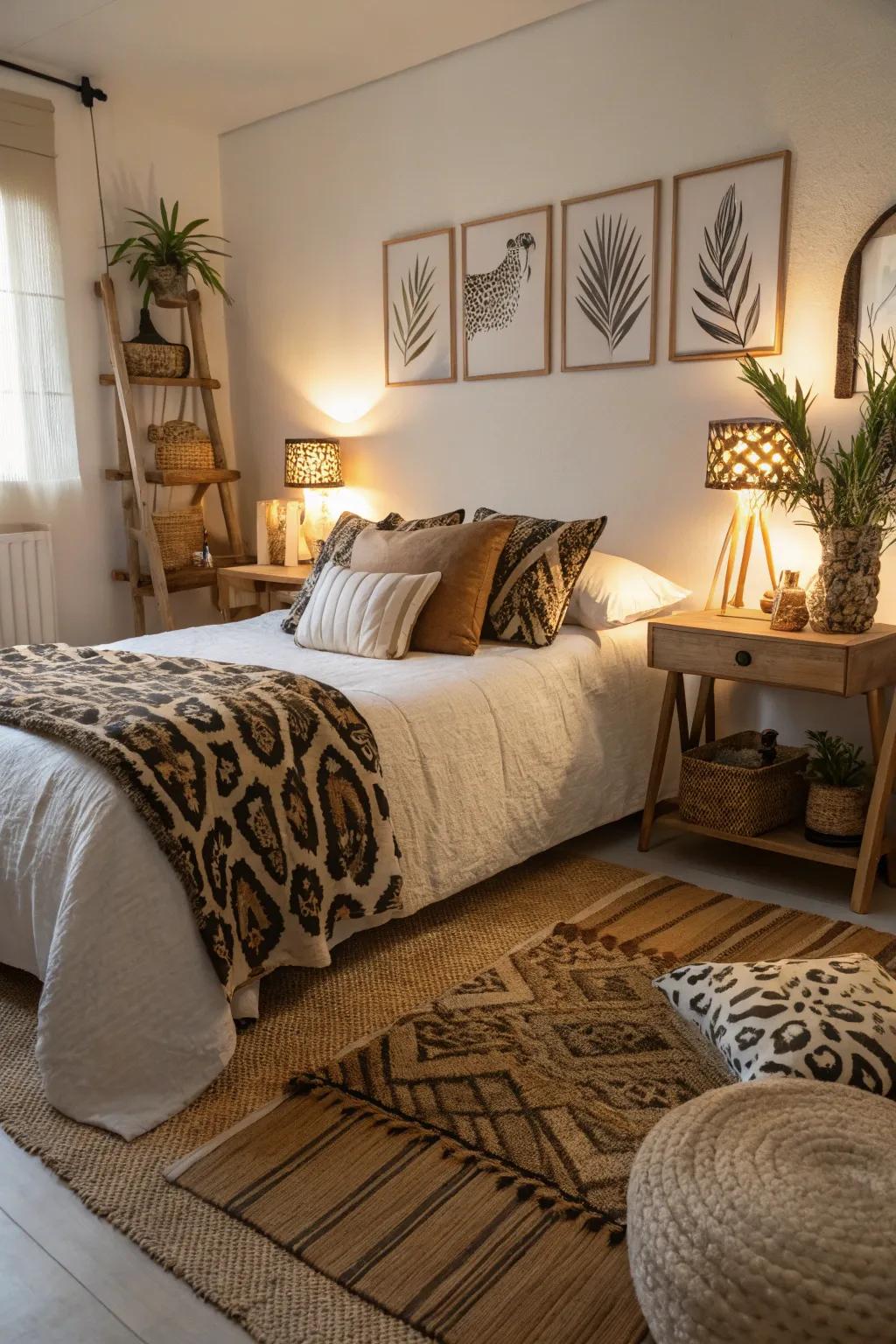 Wild animal print fabrics add style and comfort to the safari theme.