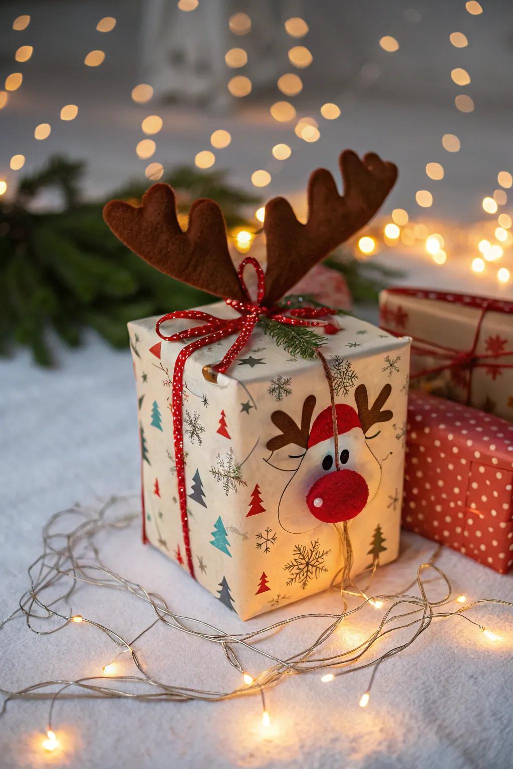 A Rudolph element incorporates extra charm to a Santa container.