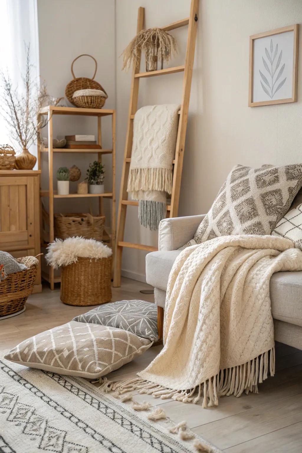 Inviting textiles soften this Scandinavian interior.