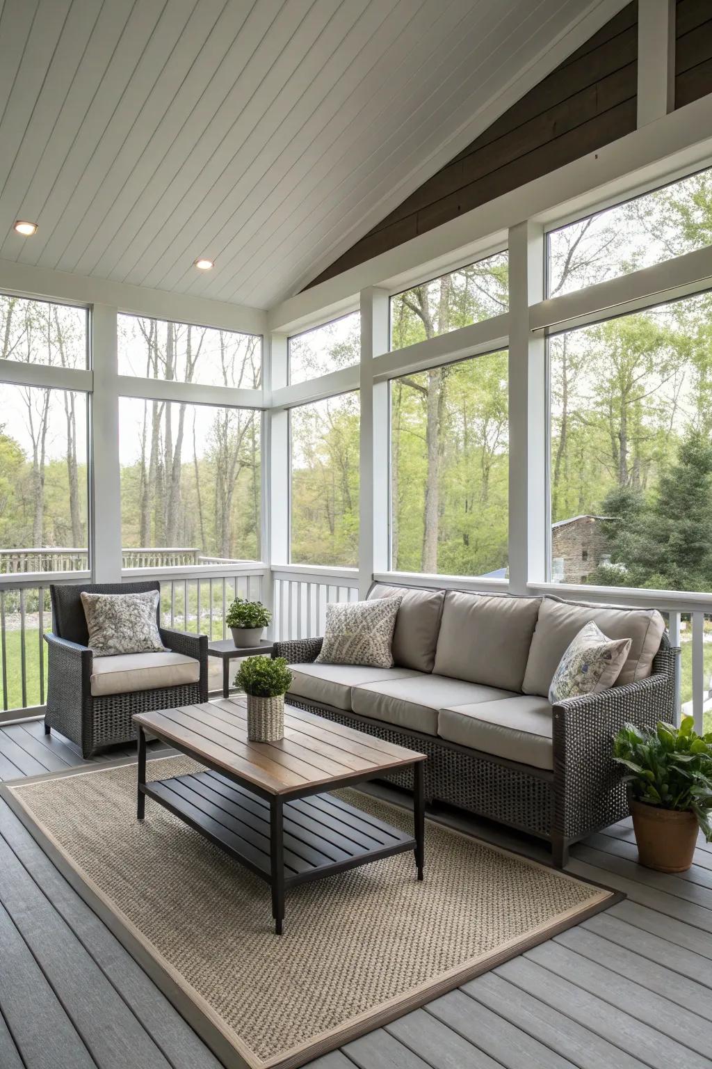 A veranda with a sleek modern aesthetic exudes elegance and simplicity.