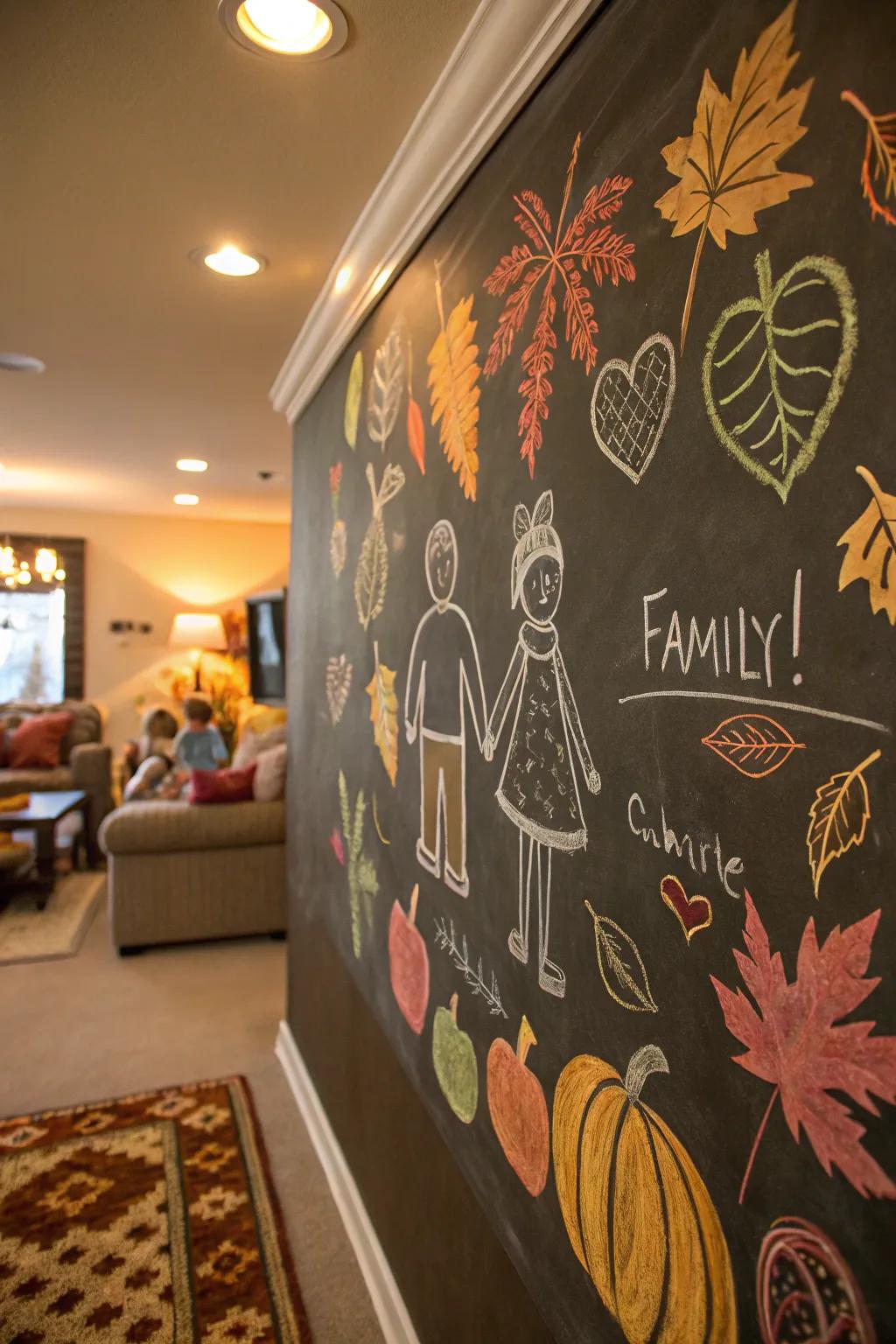 A wall transformed into a chalkboard art exhibit with fall-themed drawings by family members.