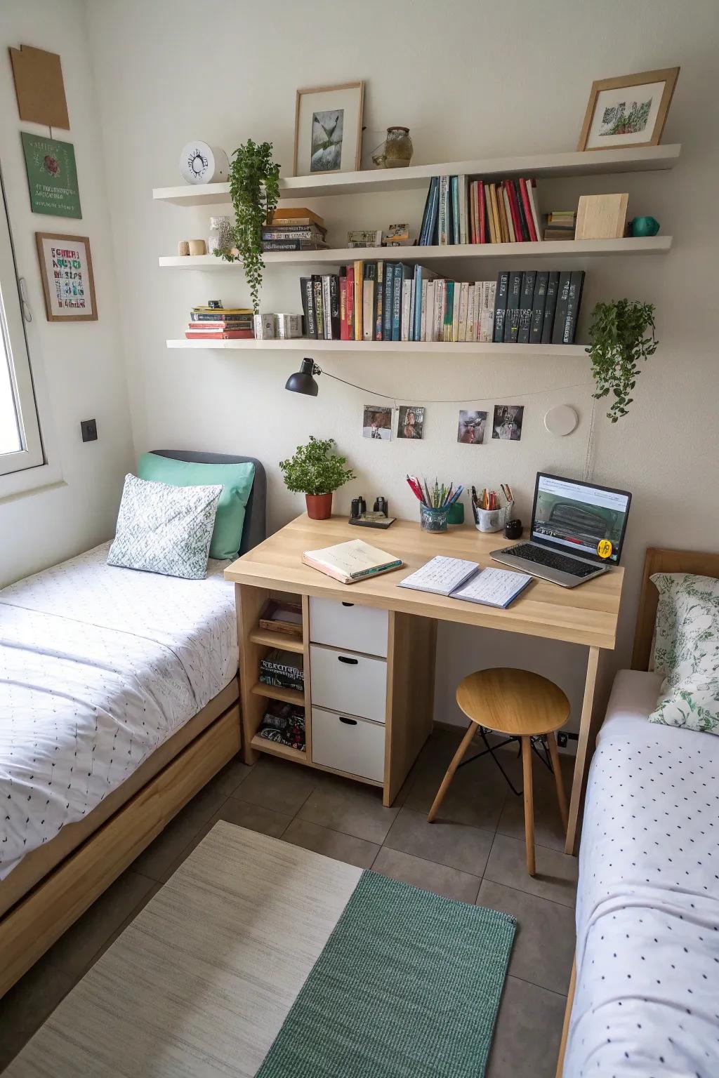 A central workspace encourages collaboration in this shared room.