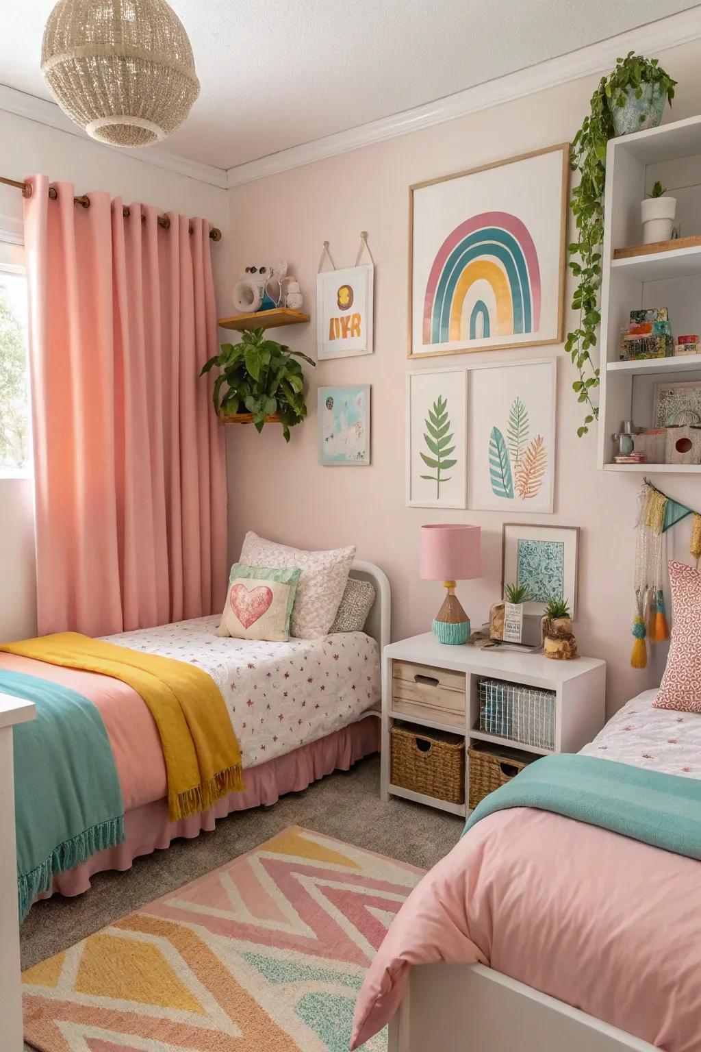 A coordinated color scheme unites the shared room's design.