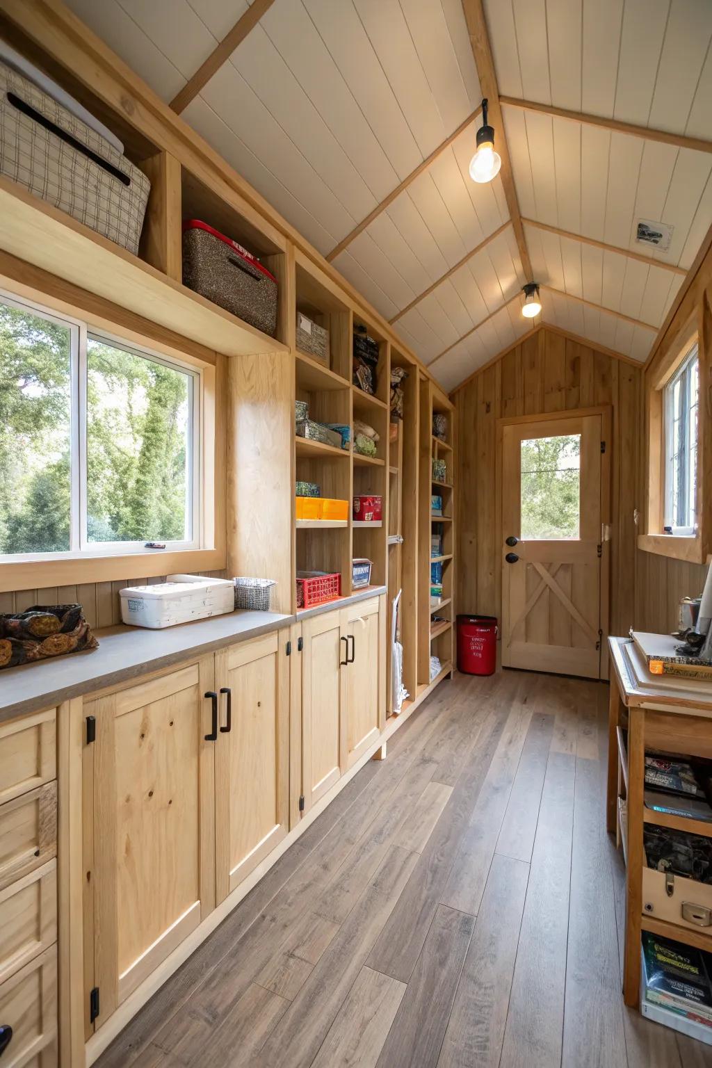 Smart storage keeps shed houses organized and clutter-free.