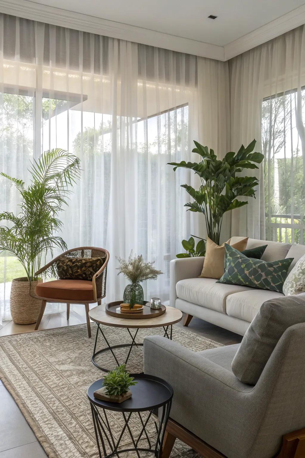 Complementary decor adjacent to wispy curtains crafts a harmonious and fashionable living area.