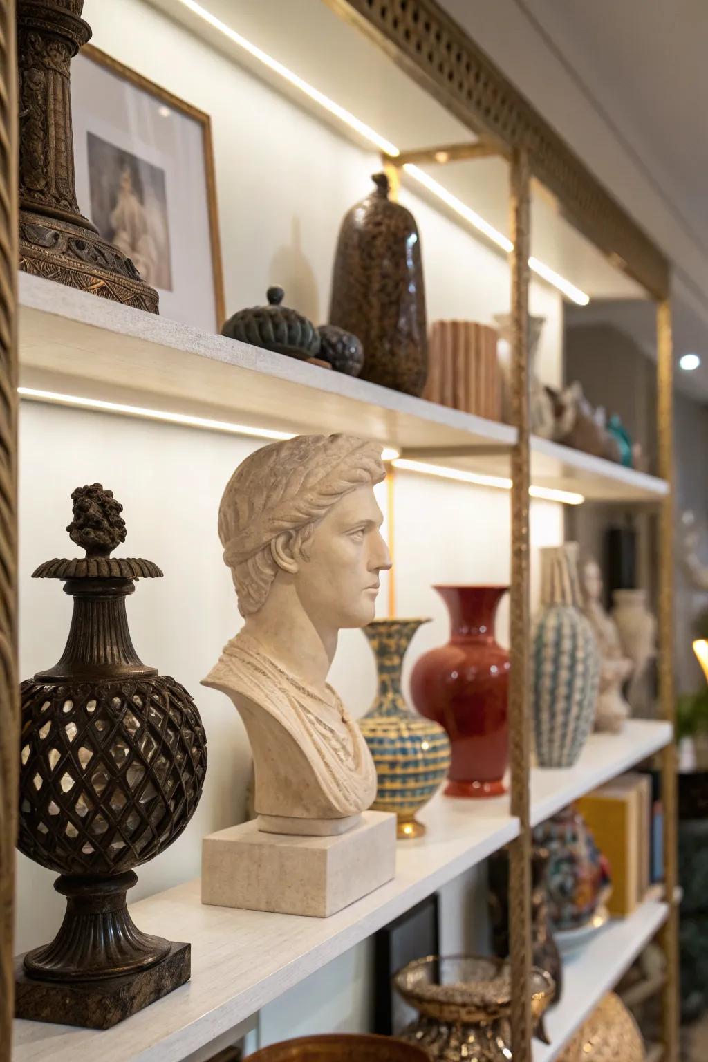 Decorative figures add appeal and character to the shelf.