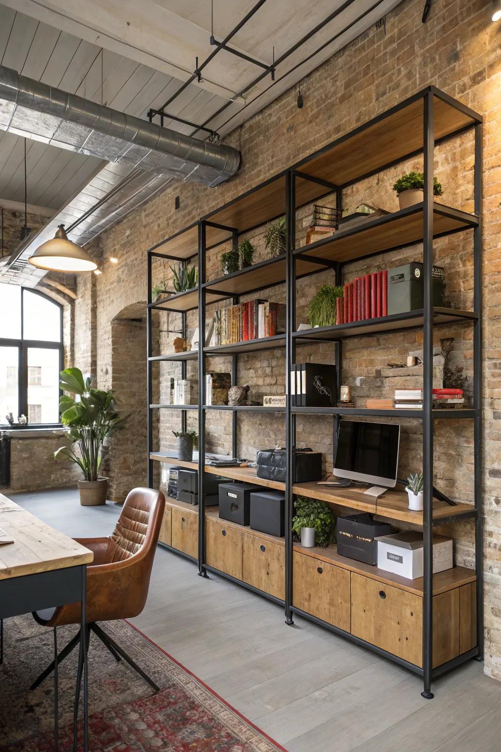 Office shelves merging timber and metal for an urban aesthetic.