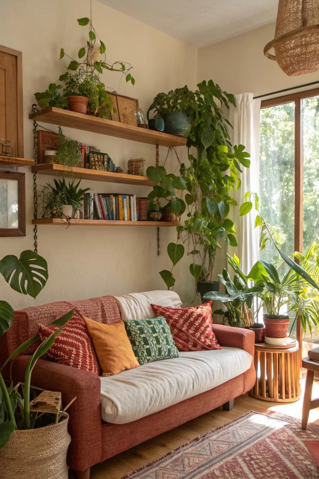 Incorporate nature with greenery on your shelves.