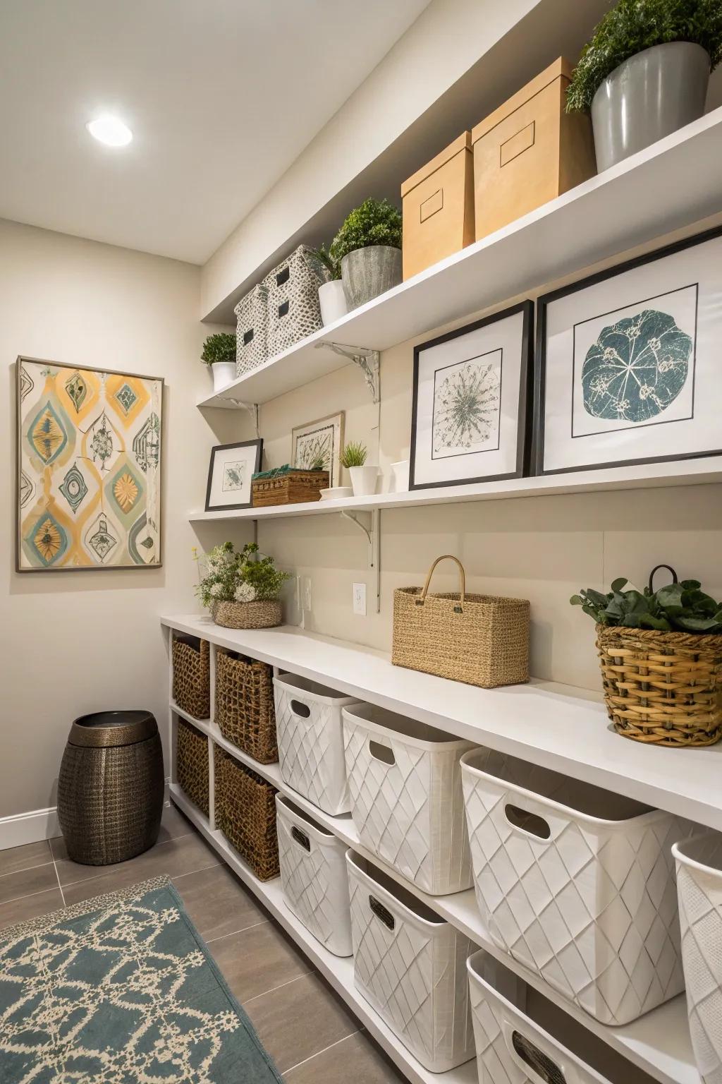 A utility area is enhanced with artwork and fashionable containers, fusing usefulness with aesthetics.