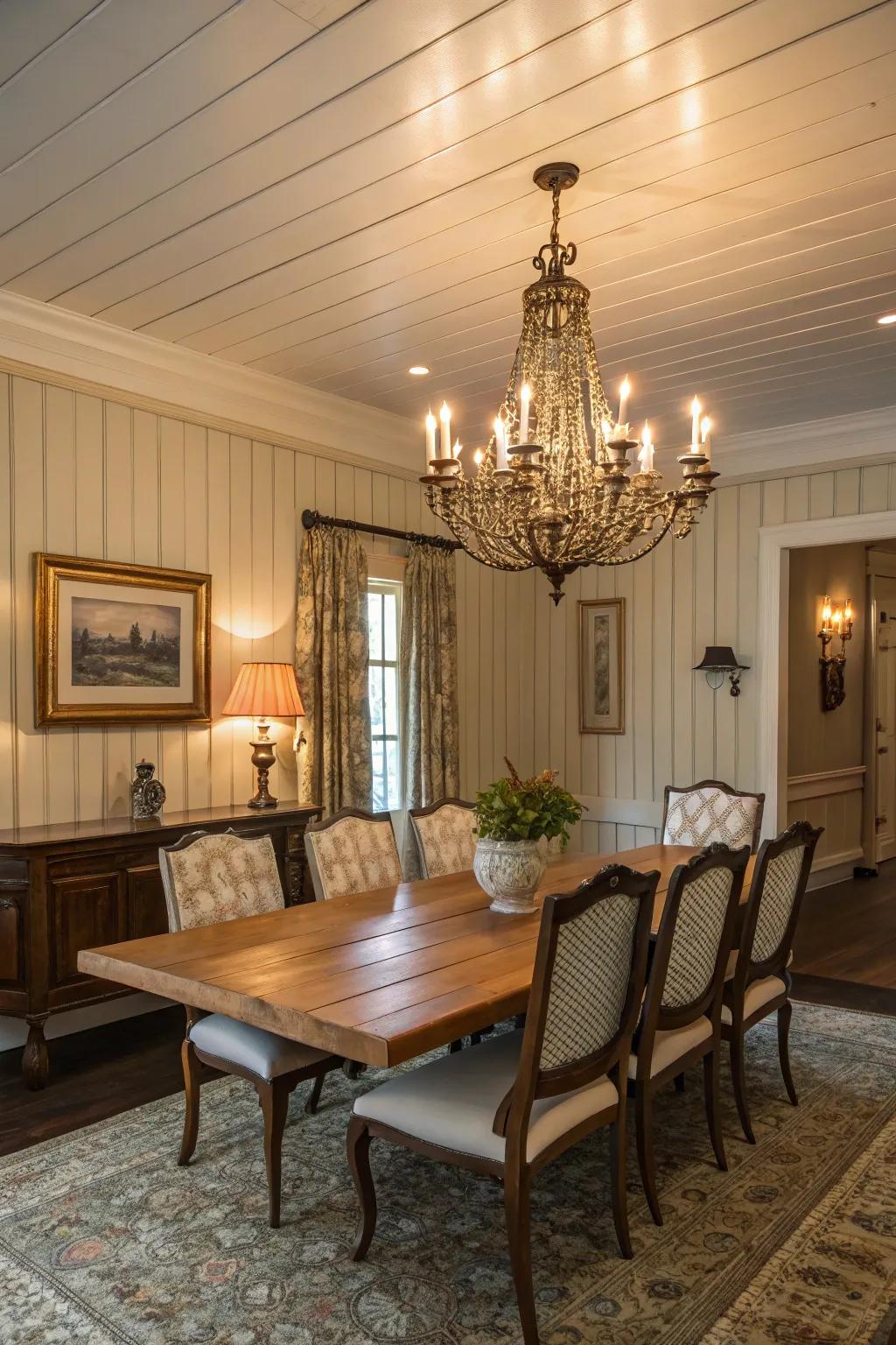 A dining room with vintage pieces and wood-panel walls.