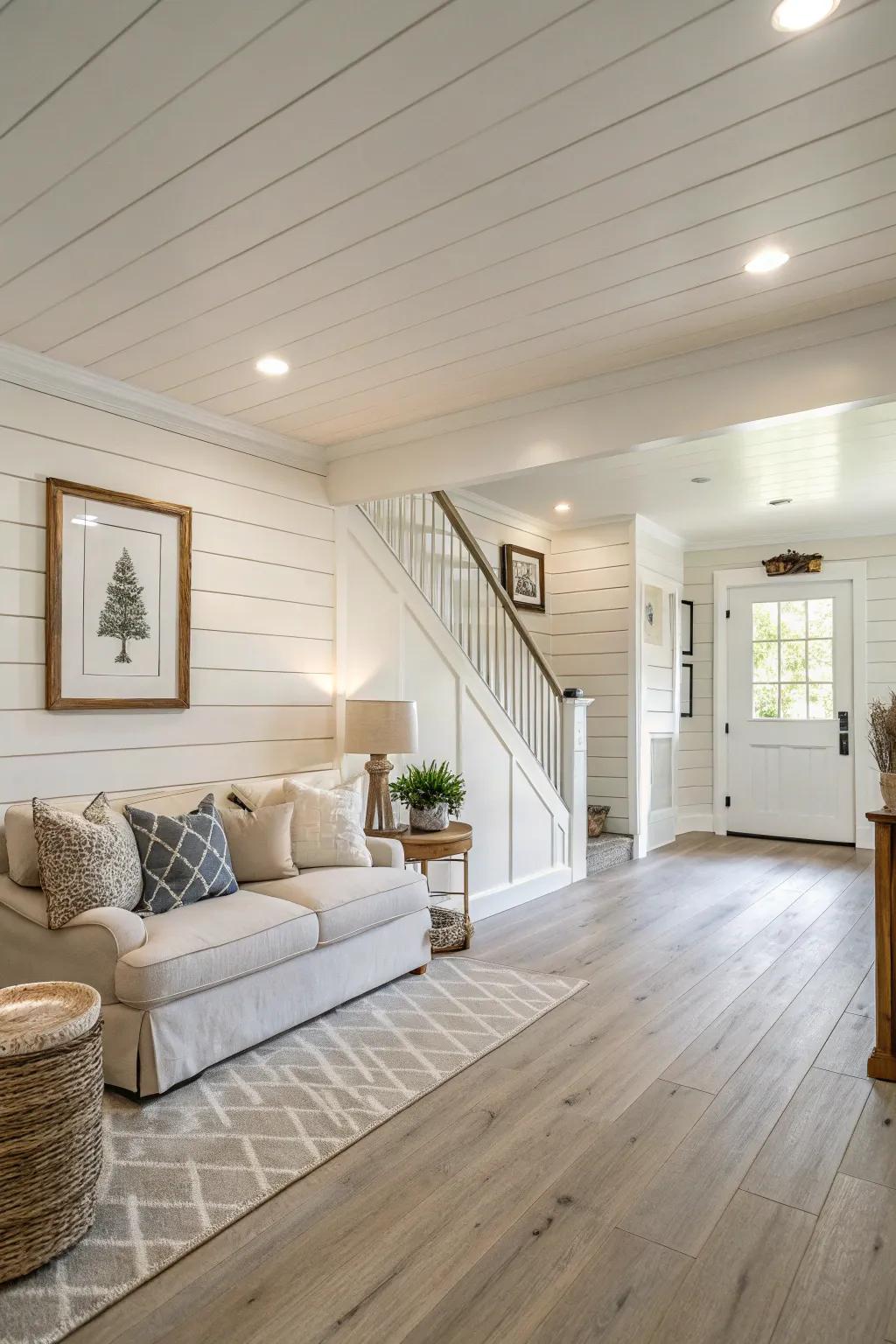 Bringing light into the basement using shiplap in neutral colors.