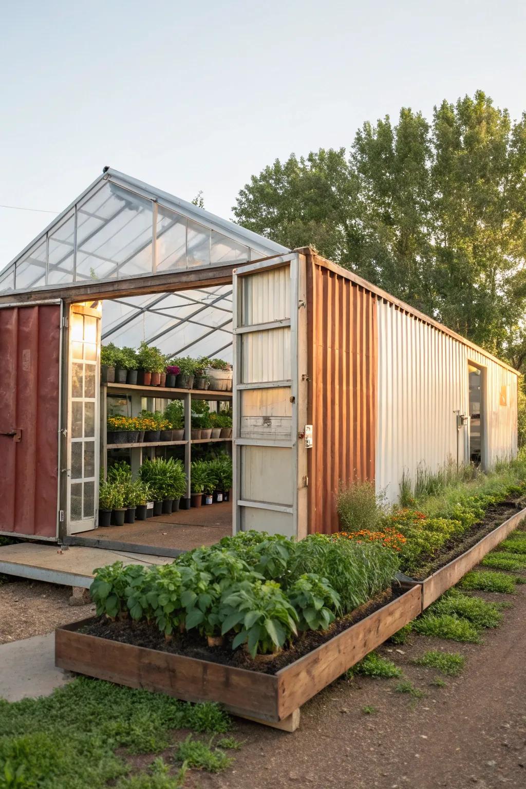 A lavish greenhouse is organically connected with a cargo box barn.