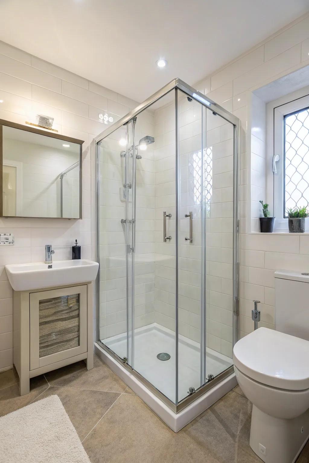 Space-saving corner showers create a functional design.