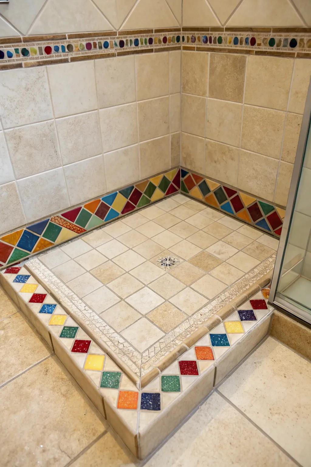 Vibrant accent units make a stunning edge on this shower pan, adding a splash of creativity.