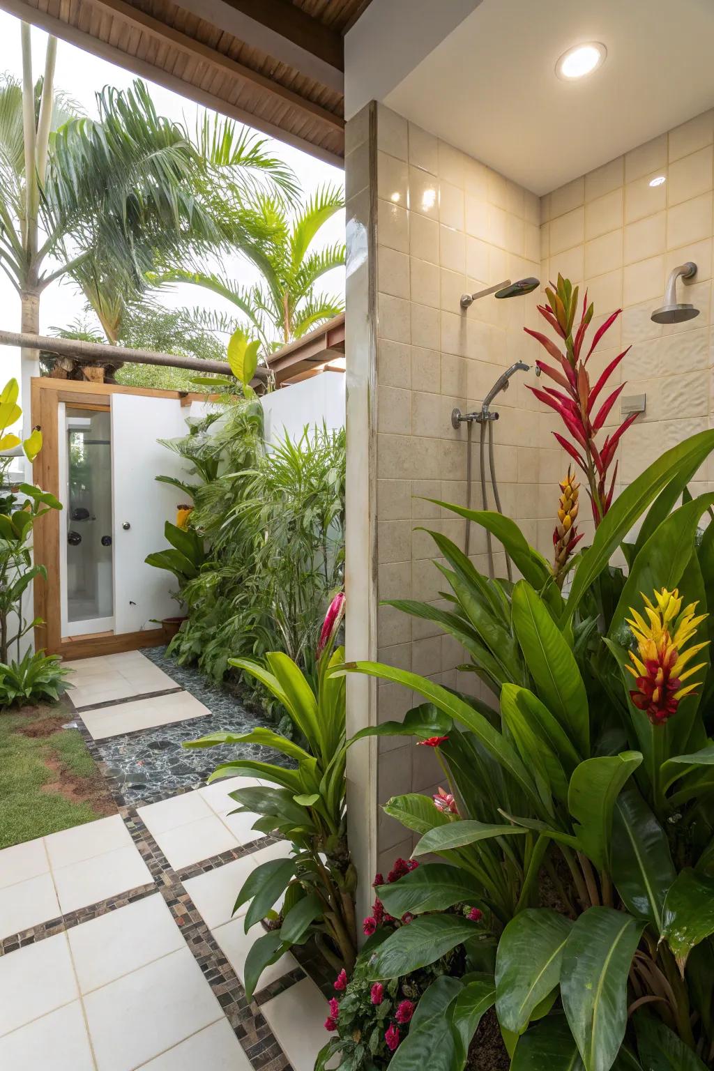 Lush botanicals prosper in the humid setting of a lavatory.
