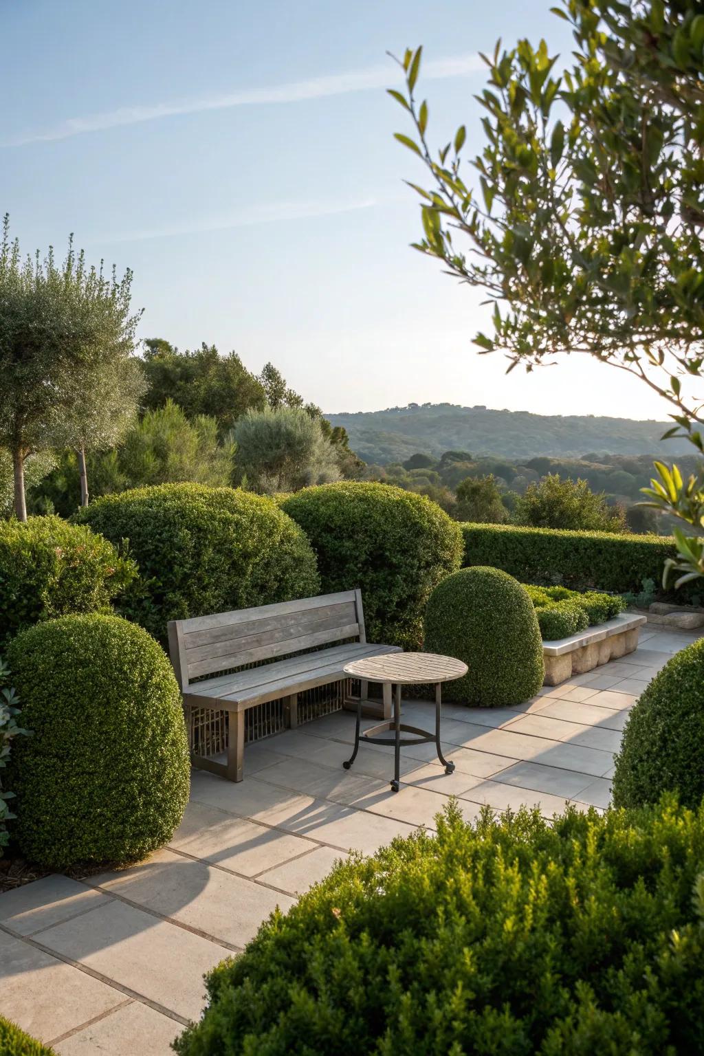 A cozy seating area surrounded by bushes, creating the perfect spot for relaxation and peace.