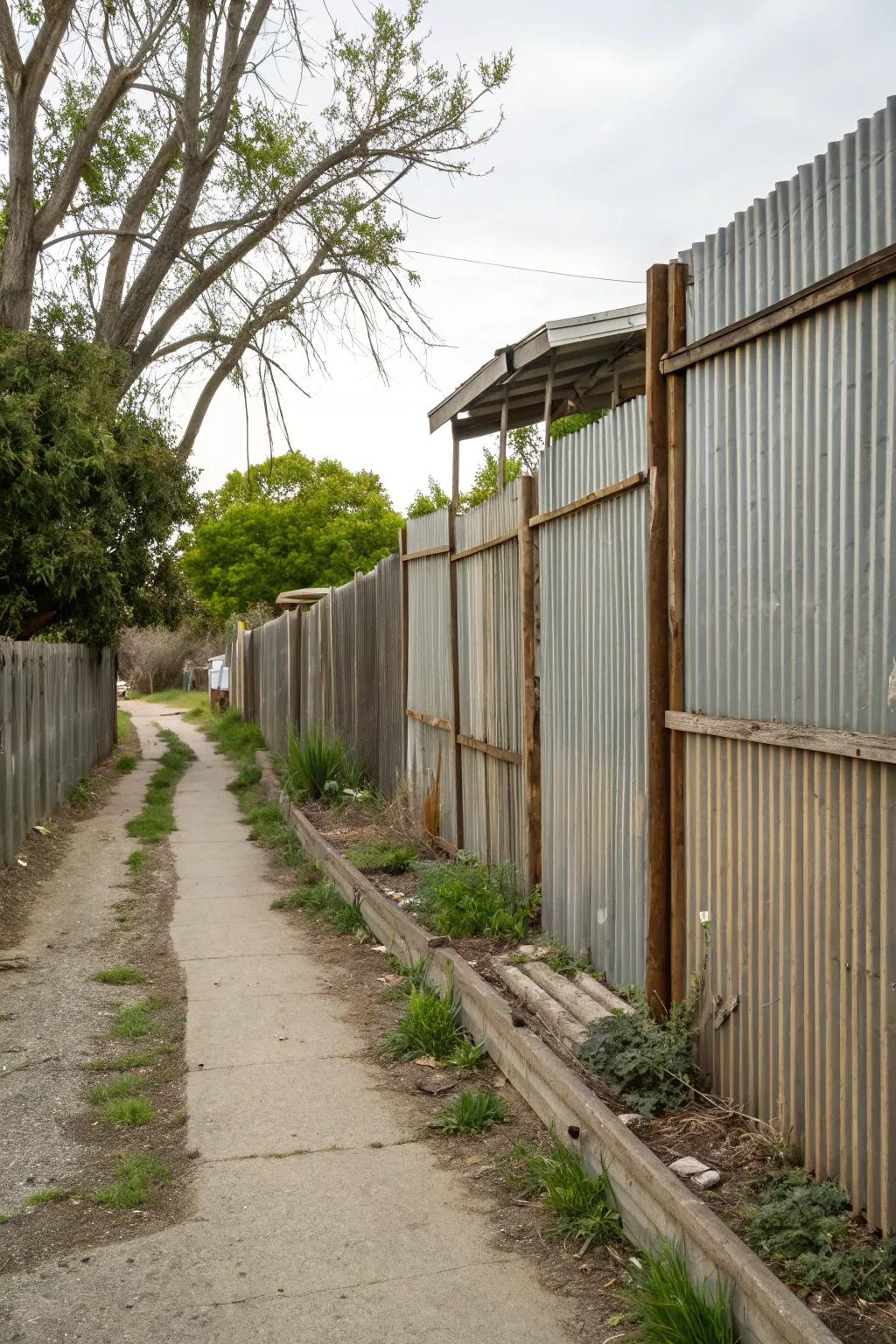Industrial side yard featuring an undulating metal enclosure.