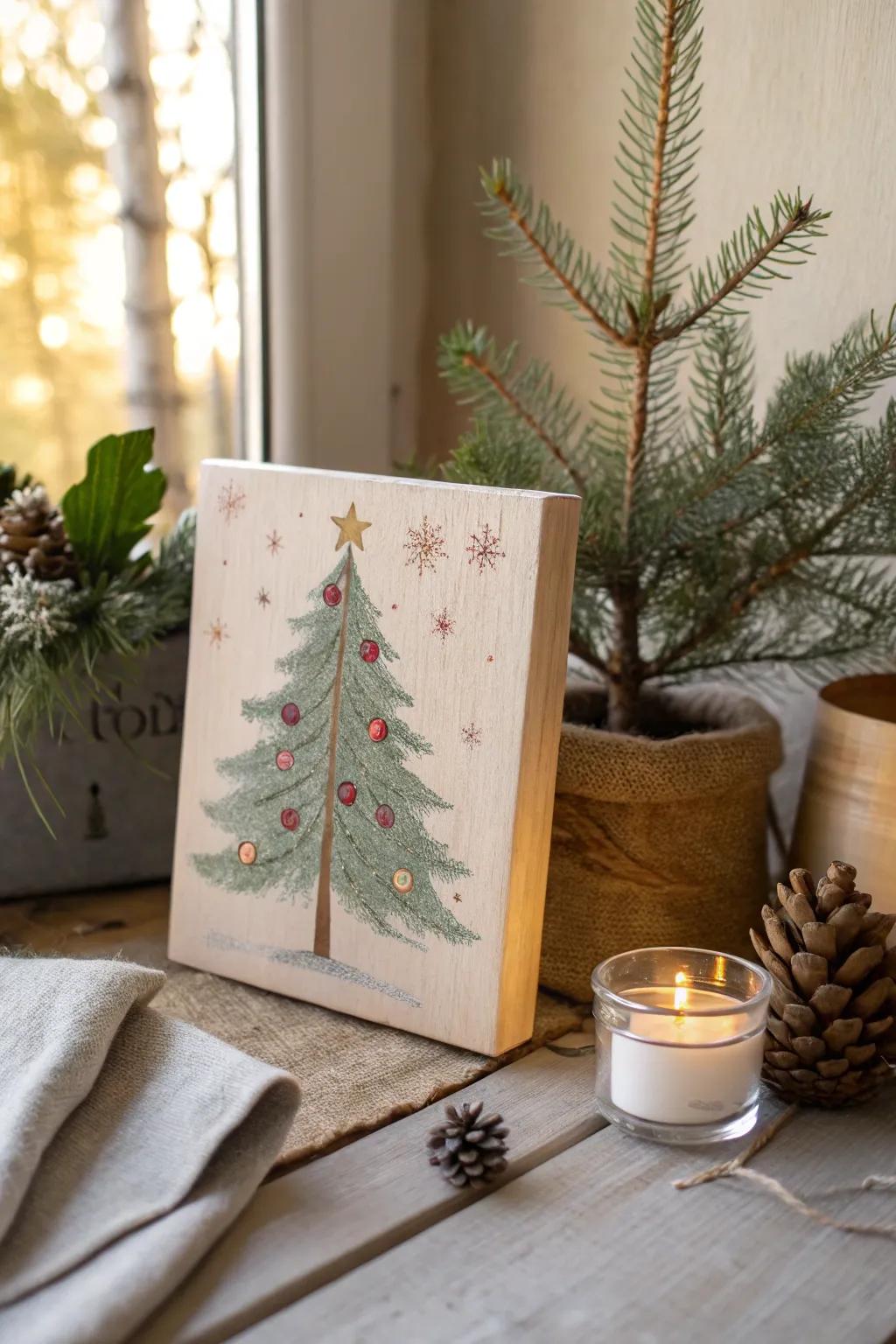Embrace the festive epoch with minimalist allure: a countryside Christmas tree illustration that scintillates with unpretentiousness and refinement.